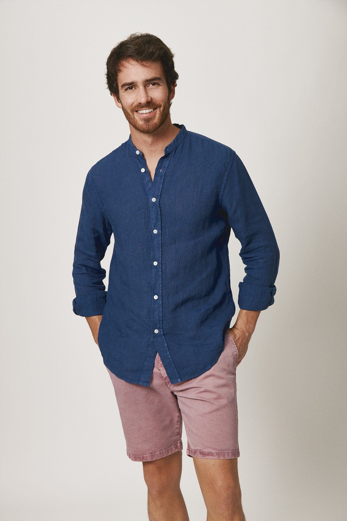 The Lino Camisa Cuello Mao Azul