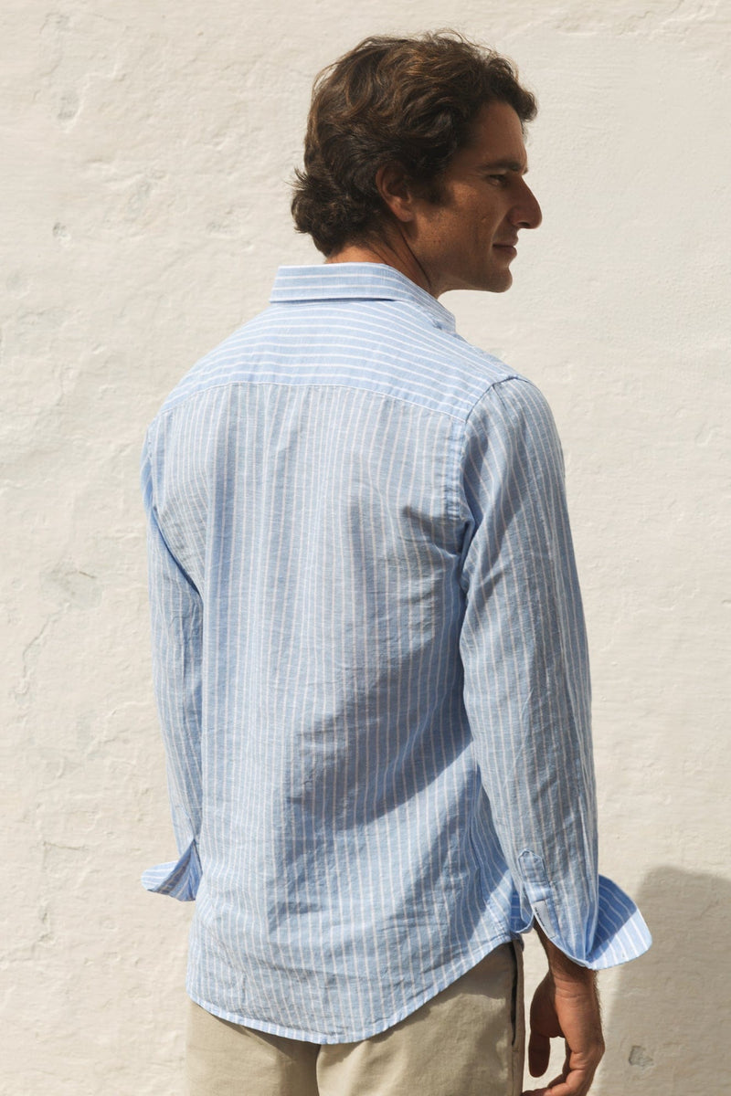 The Cotton Linen Polera Azul Raya Blanca-zoom-